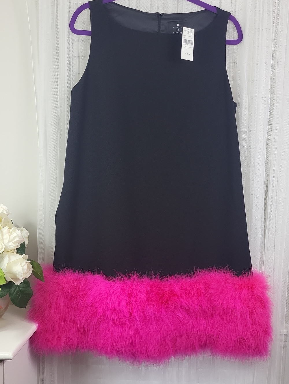 Lisa Perry Barneys New York Black Shift Dress with Hot Pink Feather Trim. Size 8